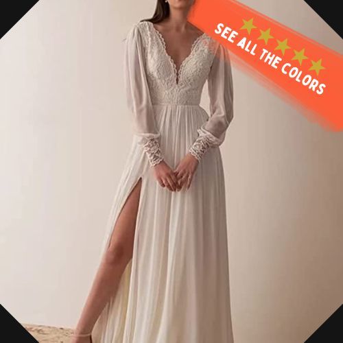 V Neck Long Sleeve Bridesmaid Dresses Lace Beach Boho Wedding Dress Chiffon Formal Gowns for Women with Slit